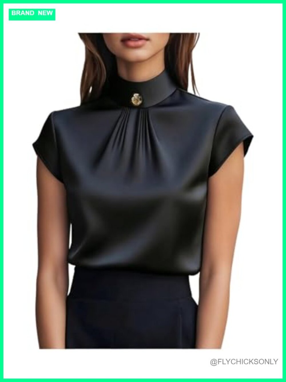 Satin Mock Neck Ruched Cap Sleeve Blouse Business Casual Work Top